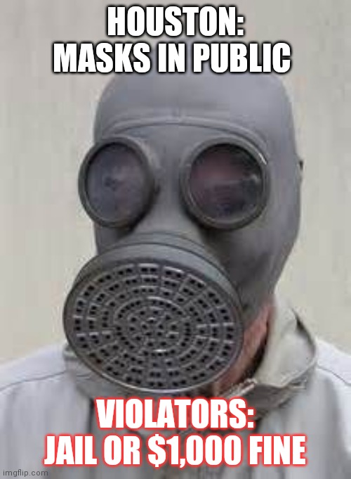 Gas mask | HOUSTON: MASKS IN PUBLIC; VIOLATORS: JAIL OR $1,000 FINE | image tagged in gas mask | made w/ Imgflip meme maker