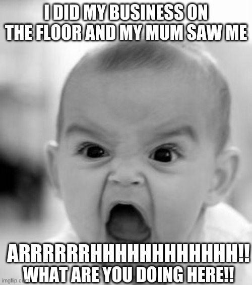 Angry Baby Meme | I DID MY BUSINESS ON THE FLOOR AND MY MUM SAW ME; ARRRRRRHHHHHHHHHHHH!! WHAT ARE YOU DOING HERE!! | image tagged in memes,angry baby | made w/ Imgflip meme maker