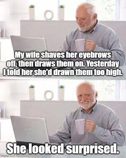 Corona Jokes #3 | My wife shaves her eyebrows off, then draws them on. Yesterday I told her she'd drawn them too high. She looked surprised. | image tagged in coronavirus,jokes | made w/ Imgflip meme maker