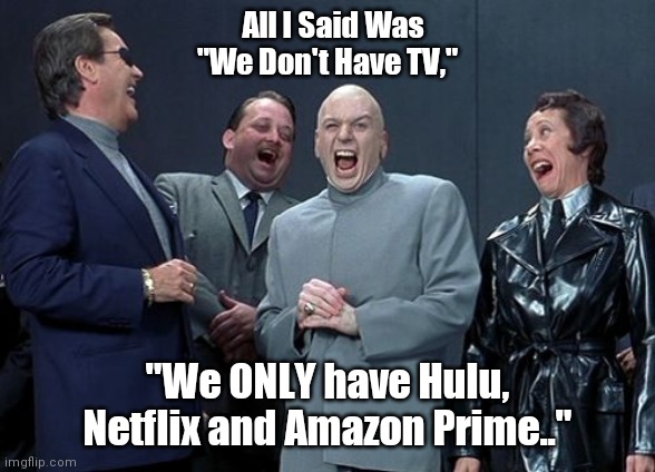 Laughing Villains | All I Said Was "We Don't Have TV,"; "We ONLY have Hulu, Netflix and Amazon Prime.." | image tagged in memes,laughing villains | made w/ Imgflip meme maker