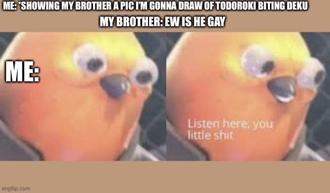 Listen here you little shit bird | ME: *SHOWING MY BROTHER A PIC I’M GONNA DRAW OF TODOROKI BITING DEKU; MY BROTHER: EW IS HE GAY; ME: | image tagged in listen here you little shit bird | made w/ Imgflip meme maker
