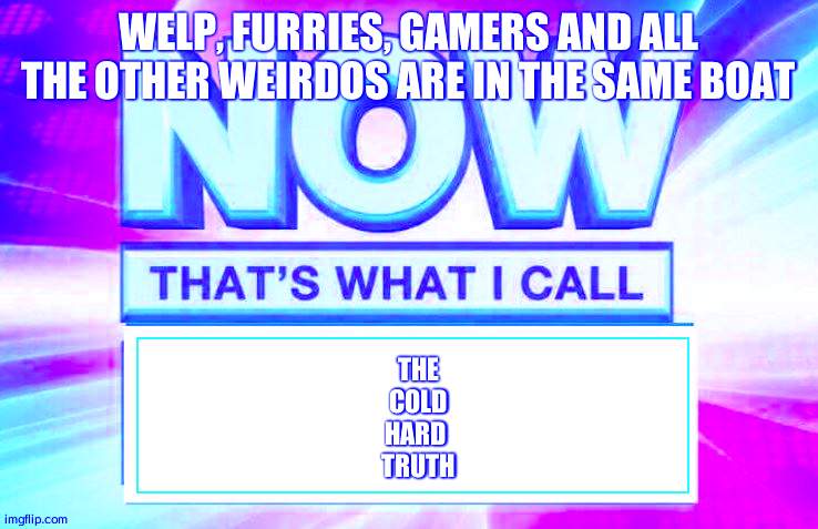 Kill me | WELP, FURRIES, GAMERS AND ALL THE OTHER WEIRDOS ARE IN THE SAME BOAT; THE
COLD
HARD 
TRUTH | image tagged in now thats what i call | made w/ Imgflip meme maker