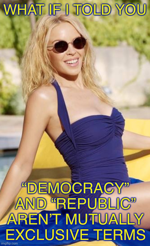 I have no idea why some Republicans waste so much time trying to prove America isn't a democracy. It is. | WHAT IF I TOLD YOU; “DEMOCRACY” AND “REPUBLIC” AREN’T MUTUALLY EXCLUSIVE TERMS | image tagged in kylie morpheus,democracy,republic,america,government,american politics | made w/ Imgflip meme maker