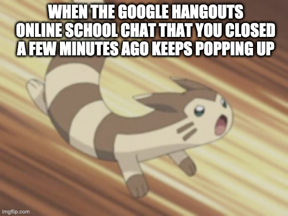 online school memes again | WHEN THE GOOGLE HANGOUTS ONLINE SCHOOL CHAT THAT YOU CLOSED A FEW MINUTES AGO KEEPS POPPING UP | image tagged in angry furret | made w/ Imgflip meme maker