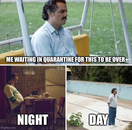 Sad Pablo Escobar | ME WAITING IN QUARANTINE FOR THIS TO BE OVER; NIGHT; DAY | image tagged in memes,sad pablo escobar | made w/ Imgflip meme maker