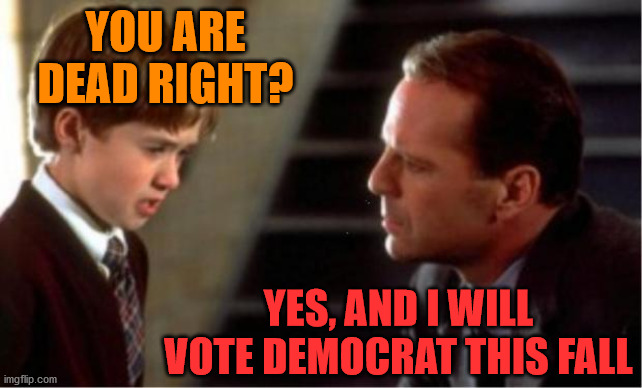 I see dead people voting | YOU ARE DEAD RIGHT? YES, AND I WILL VOTE DEMOCRAT THIS FALL | image tagged in i see dead people,voter fraud | made w/ Imgflip meme maker