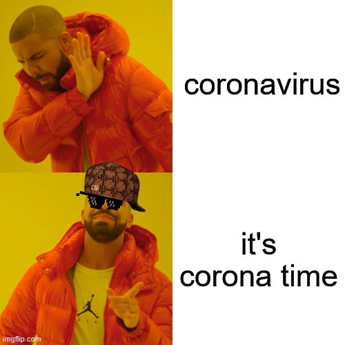 drink ups | coronavirus; it's corona time | image tagged in memes,drake hotline bling | made w/ Imgflip meme maker