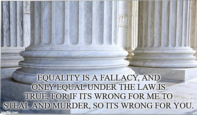EQUAL UNDER THE LAW | EQUALITY IS A FALLACY, AND ONLY EQUAL UNDER THE LAW IS TRUE, FOR IF ITS WRONG FOR ME TO STEAL AND MURDER, SO ITS WRONG FOR YOU. | image tagged in equality,constitution,bill of rights,liberty,government,poem | made w/ Imgflip meme maker