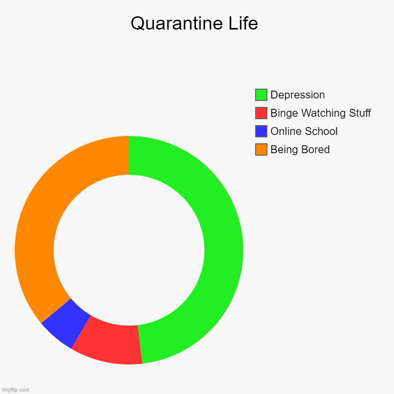 Quarantine Life | Quarantine Life | Being Bored, Online School, Binge Watching Stuff, Depression | image tagged in charts,donut charts,quarantine | made w/ Imgflip chart maker