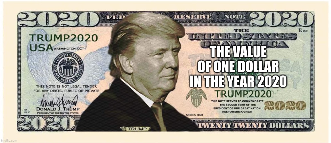 Trump bucks, Trump dollar, inflation | THE VALUE OF ONE DOLLAR IN THE YEAR 2020 | image tagged in trump buck,trump dollar,inflation | made w/ Imgflip meme maker
