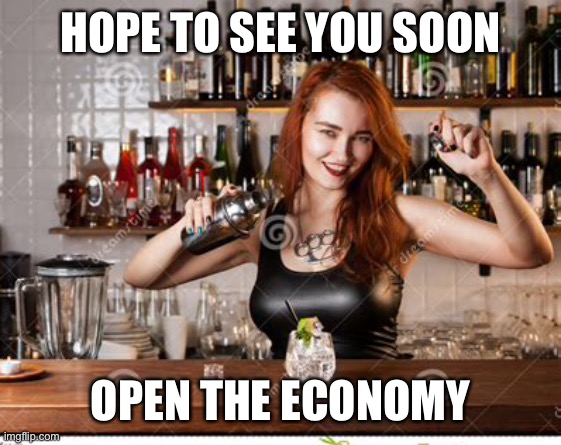 Missing You | HOPE TO SEE YOU SOON; OPEN THE ECONOMY | image tagged in inquisitive bartender,bartender,girl,economy | made w/ Imgflip meme maker