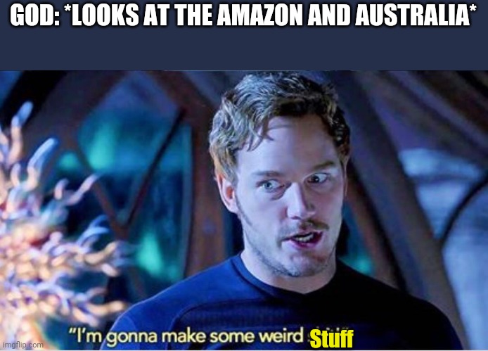 Im gonna make some weird shit | GOD: *LOOKS AT THE AMAZON AND AUSTRALIA*; Stuff | image tagged in im gonna make some weird shit | made w/ Imgflip meme maker