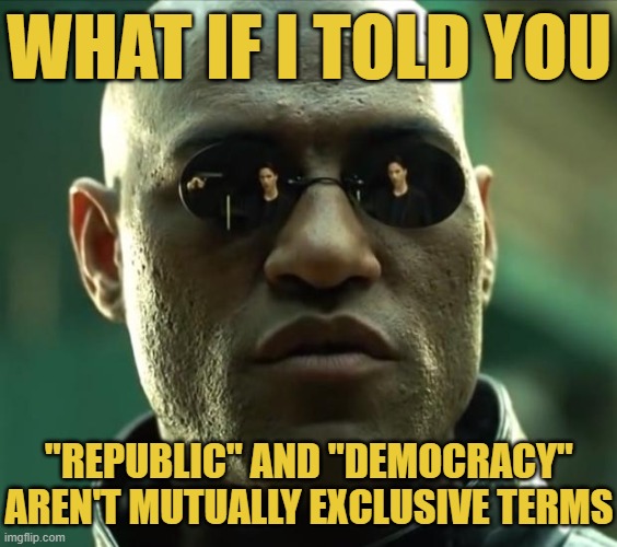 The United States is both. We have elections, we have representation, and we have federal/state/local divisions of government. | WHAT IF I TOLD YOU; "REPUBLIC" AND "DEMOCRACY" AREN'T MUTUALLY EXCLUSIVE TERMS | image tagged in morpheus,democracy,republic,us government,government,america | made w/ Imgflip meme maker