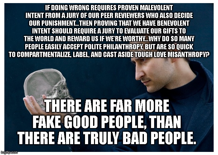Far More good people | IF DOING WRONG REQUIRES PROVEN MALEVOLENT INTENT FROM A JURY OF OUR PEER REVIEWERS WHO ALSO DECIDE OUR PUNISHMENT…THEN PROVING THAT WE HAVE BENEVOLENT INTENT SHOULD REQUIRE A JURY TO EVALUATE OUR GIFTS TO THE WORLD AND REWARD US IF WE’RE WORTHY…WHY DO SO MANY PEOPLE EASILY ACCEPT POLITE PHILANTHROPY, BUT ARE SO QUICK TO COMPARTMENTALIZE, LABEL, AND CAST ASIDE TOUGH LOVE MISANTHROPY? THERE ARE FAR MORE FAKE GOOD PEOPLE, THAN THERE ARE TRULY BAD PEOPLE. | image tagged in hamlet | made w/ Imgflip meme maker