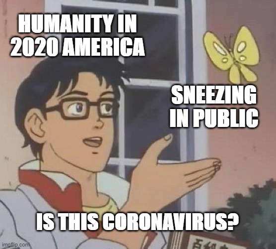 Seriously, y'all need to calm down, it's just allergy season y'know! | HUMANITY IN 2020 AMERICA; SNEEZING IN PUBLIC; IS THIS CORONAVIRUS? | image tagged in memes,is this a pigeon | made w/ Imgflip meme maker