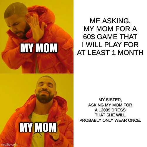 Money meme | ME ASKING, MY MOM FOR A 60$ GAME THAT I WILL PLAY FOR AT LEAST 1 MONTH; MY MOM; MY SISTER, ASKING MY MOM FOR A 1200$ DRESS THAT SHE WILL PROBABLY ONLY WEAR ONCE. MY MOM | image tagged in memes,drake hotline bling | made w/ Imgflip meme maker