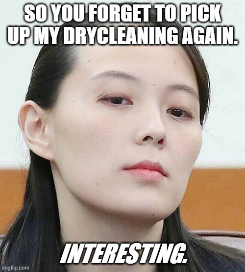 Kim Yo Jong | SO YOU FORGET TO PICK UP MY DRYCLEANING AGAIN. INTERESTING. | image tagged in kim yo jong | made w/ Imgflip meme maker