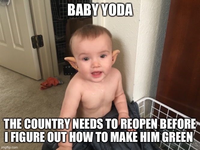 Baby yoda | BABY YODA; THE COUNTRY NEEDS TO REOPEN BEFORE I FIGURE OUT HOW TO MAKE HIM GREEN | image tagged in quarantine,baby yoda,bored,social distancing,cute | made w/ Imgflip meme maker