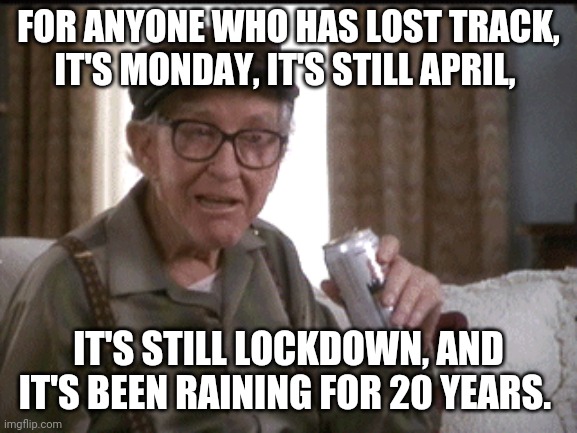 Lost track | FOR ANYONE WHO HAS LOST TRACK, IT'S MONDAY, IT'S STILL APRIL, IT'S STILL LOCKDOWN, AND IT'S BEEN RAINING FOR 20 YEARS. | image tagged in lockdown | made w/ Imgflip meme maker