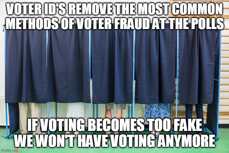 Voter ID | VOTER ID'S REMOVE THE MOST COMMON METHODS OF VOTER FRAUD AT THE POLLS; IF VOTING BECOMES TOO FAKE WE WON'T HAVE VOTING ANYMORE | image tagged in voting booth | made w/ Imgflip meme maker