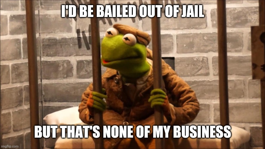 Kermit in jail | I'D BE BAILED OUT OF JAIL; BUT THAT'S NONE OF MY BUSINESS | image tagged in kermit in jail | made w/ Imgflip meme maker