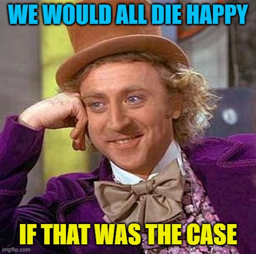 Creepy Condescending Wonka Meme | WE WOULD ALL DIE HAPPY IF THAT WAS THE CASE | image tagged in memes,creepy condescending wonka | made w/ Imgflip meme maker