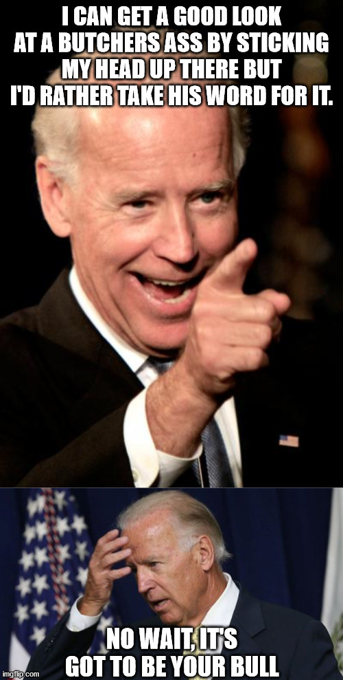 I CAN GET A GOOD LOOK AT A BUTCHERS ASS BY STICKING MY HEAD UP THERE BUT I'D RATHER TAKE HIS WORD FOR IT. NO WAIT, IT'S GOT TO BE YOUR BULL | image tagged in memes,smilin biden,joe biden worries | made w/ Imgflip meme maker