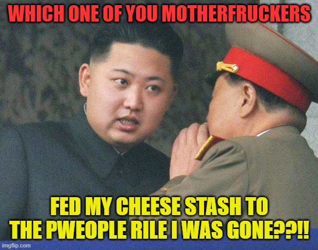 Hungry Kim Jong Un | WHICH ONE OF YOU MOTHERFRUCKERS FED MY CHEESE STASH TO THE PWEOPLE RILE I WAS GONE??!! | image tagged in hungry kim jong un | made w/ Imgflip meme maker