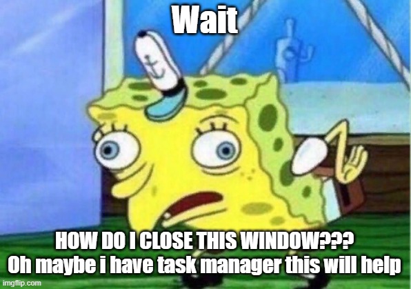Mocking Spongebob Meme | Wait HOW DO I CLOSE THIS WINDOW???
Oh maybe i have task manager this will help | image tagged in memes,mocking spongebob | made w/ Imgflip meme maker