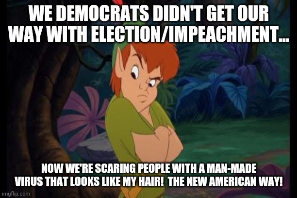 Meet Corona Fairy!  He wants to hypnotize you with fairy dust! | WE DEMOCRATS DIDN'T GET OUR WAY WITH ELECTION/IMPEACHMENT... NOW WE'RE SCARING PEOPLE WITH A MAN-MADE VIRUS THAT LOOKS LIKE MY HAIR!  THE NEW AMERICAN WAY! | image tagged in peter pan syndrome,corona,fairy,dust,democrats,libtards | made w/ Imgflip meme maker