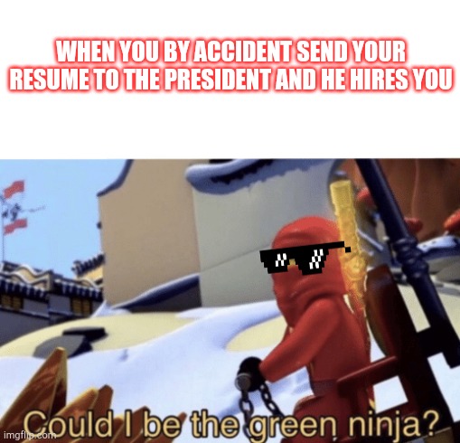 Could I Be The Green Ninja? | WHEN YOU BY ACCIDENT SEND YOUR RESUME TO THE PRESIDENT AND HE HIRES YOU | image tagged in could i be the green ninja,ninjago | made w/ Imgflip meme maker
