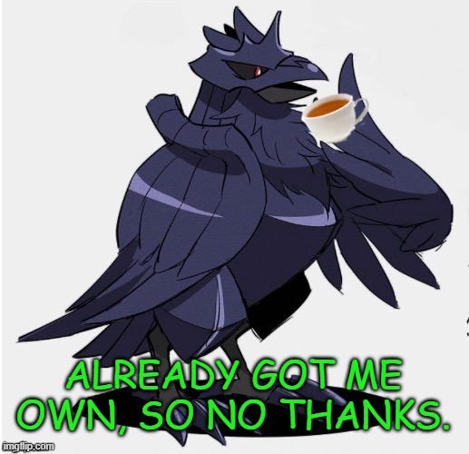 The_Tea_Drinking_Corviknight | ALREADY GOT ME OWN, SO NO THANKS. | image tagged in the_tea_drinking_corviknight | made w/ Imgflip meme maker