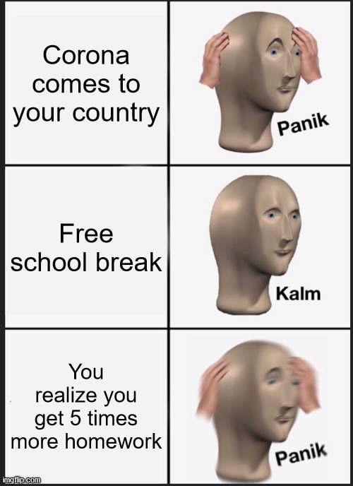 Too much work | Corona comes to your country; Free school break; You realize you get 5 times more homework | image tagged in memes,panik kalm panik | made w/ Imgflip meme maker