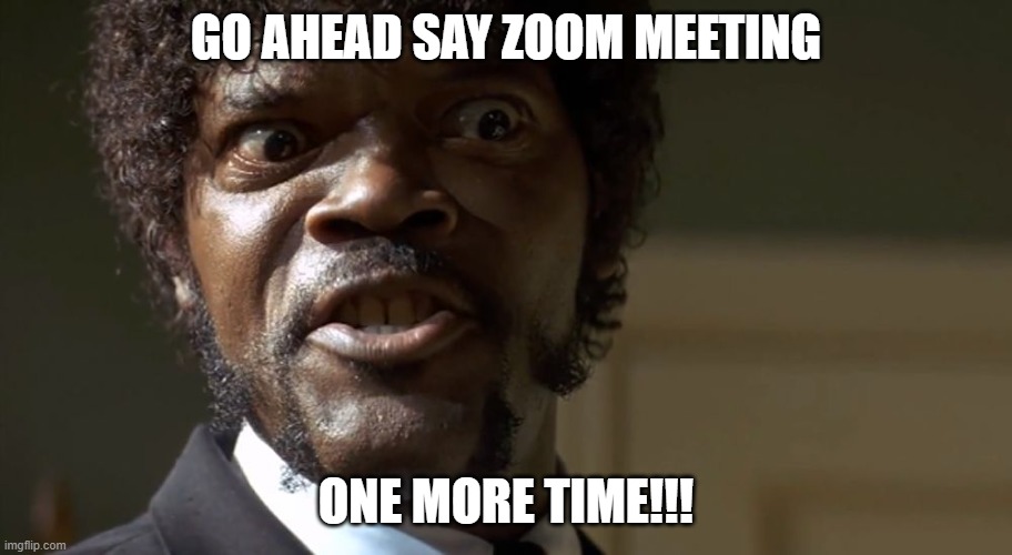 zoom meetings | GO AHEAD SAY ZOOM MEETING; ONE MORE TIME!!! | image tagged in samuel l jackson say one more time | made w/ Imgflip meme maker