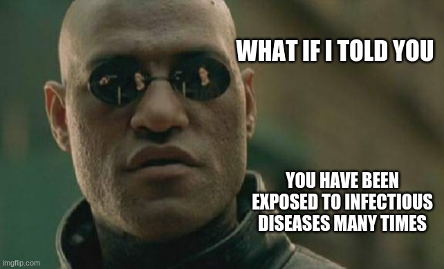 It is scary under your bed | WHAT IF I TOLD YOU; YOU HAVE BEEN EXPOSED TO INFECTIOUS DISEASES MANY TIMES | image tagged in matrix morpheus,hide under your bed,i am still going outside,what if i told you,common sense,your fears are not my problem | made w/ Imgflip meme maker