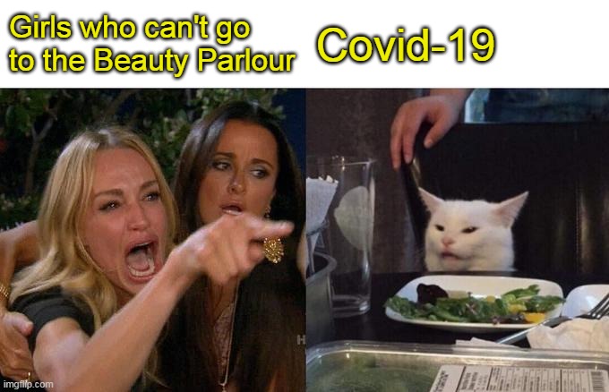Girls on Quarantine | Girls who can't go to the Beauty Parlour; Covid-19 | image tagged in memes,woman yelling at cat | made w/ Imgflip meme maker
