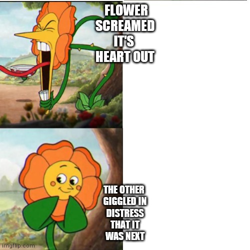 Cuphead Flower | FLOWER SCREAMED
IT'S 
HEART OUT; THE OTHER 
GIGGLED IN
DISTRESS
THAT IT
WAS NEXT | image tagged in cuphead flower | made w/ Imgflip meme maker