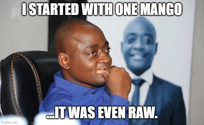 Inspirational millionaire | I STARTED WITH ONE MANGO; ...IT WAS EVEN RAW. | image tagged in inspirational quotes | made w/ Imgflip meme maker