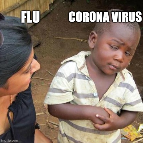 Corona Virus Meme | FLU; CORONA VIRUS | image tagged in memes,third world skeptical kid,corona virus,funny,covid-19 | made w/ Imgflip meme maker