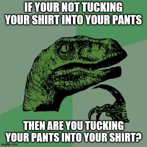 Philosoraptor Meme | IF YOUR NOT TUCKING YOUR SHIRT INTO YOUR PANTS; THEN ARE YOU TUCKING YOUR PANTS INTO YOUR SHIRT? | image tagged in memes,philosoraptor | made w/ Imgflip meme maker