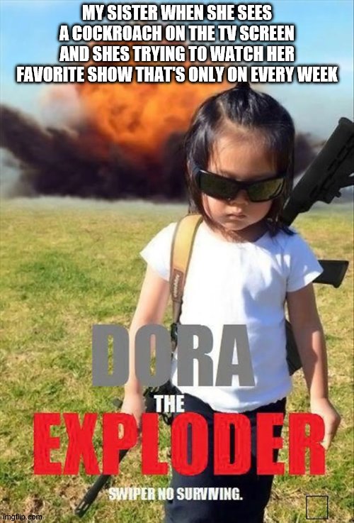 MY SISTER WHEN SHE SEES A COCKROACH ON THE TV SCREEN AND SHES TRYING TO WATCH HER FAVORITE SHOW THAT'S ONLY ON EVERY WEEK | image tagged in dora the explorer | made w/ Imgflip meme maker