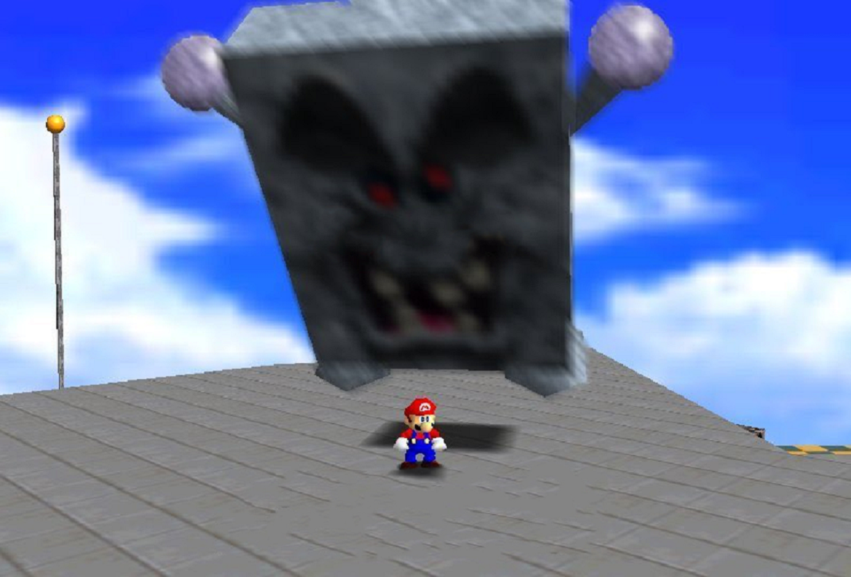Whomp King smashing Mario Blank Meme Template