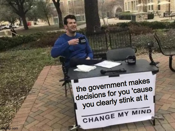 Well you do.  ( : | the government makes
decisions for you 'cause
you clearly stink at it | image tagged in memes,change my mind,stinky,big brother cares,well you do,admit it | made w/ Imgflip meme maker