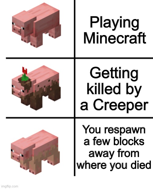 Minecraft Pigs!!!! | Playing Minecraft; Getting killed by a Creeper; You respawn a few blocks away from where you died | image tagged in pig muddy pig and dirty pig | made w/ Imgflip meme maker