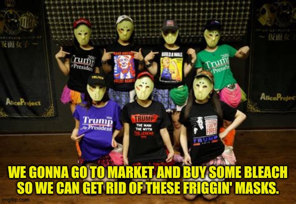 Silly J-Pop Trump Supporters | WE GONNA GO TO MARKET AND BUY SOME BLEACH SO WE CAN GET RID OF THESE FRIGGIN' MASKS. | image tagged in kamen joshi trump | made w/ Imgflip meme maker