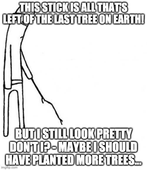 All The Trees Are Gone But I still Look Pretty Don't I? | THIS STICK IS ALL THAT'S LEFT OF THE LAST TREE ON EARTH! BUT I STILL LOOK PRETTY DON'T I? - MAYBE I SHOULD HAVE PLANTED MORE TREES... | image tagged in c'mon do something,sticks,cartoon,trees | made w/ Imgflip meme maker