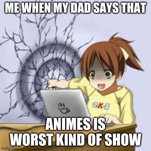 so true lol | ME WHEN MY DAD SAYS THAT; ANIMES IS WORST KIND OF SHOW | image tagged in anime wall punch | made w/ Imgflip meme maker