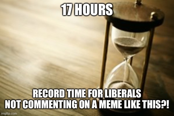 timer | 17 HOURS RECORD TIME FOR LIBERALS NOT COMMENTING ON A MEME LIKE THIS?! | image tagged in timer | made w/ Imgflip meme maker