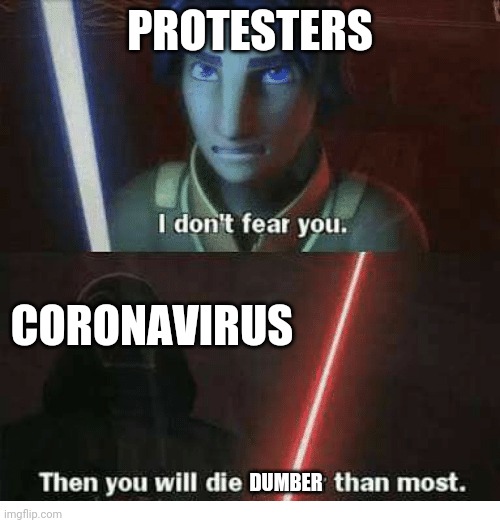 I don't fear you | PROTESTERS; CORONAVIRUS; DUMBER | image tagged in i don't fear you | made w/ Imgflip meme maker