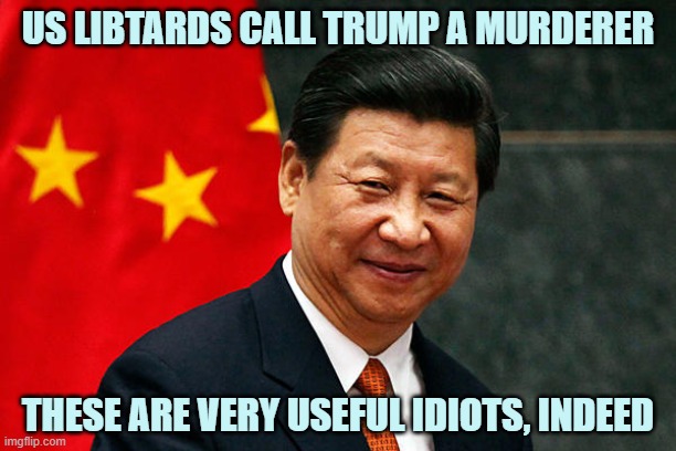 there is no vaccine for liberalism | US LIBTARDS CALL TRUMP A MURDERER; THESE ARE VERY USEFUL IDIOTS, INDEED | image tagged in xi jinping | made w/ Imgflip meme maker